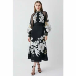 Top 10 🔥 KarenMillen Organdie Applique Buttoned Woven Midi 👗 Dress For Female ⌛