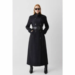 Promo 😍 KarenMillen Compact Stretch Belted Double Breasted Maxi 🧥 Coat For Female 👏