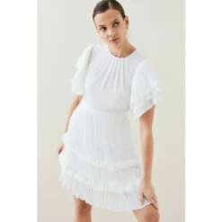 Best Sale ⌛ KarenMillen Pleat Detail Fluted Sleeve Short 👗 Dress For Female ⌛ -Karen Millen Sales unnamed file 735