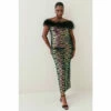 Best Sale 🤩 KarenMillen Plus Size Sequin Bardot Feather Trim Midaxi 👗 Dress For Female 😍