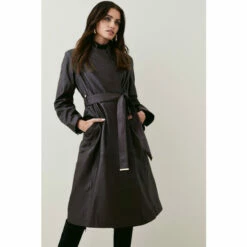 New 👏 KarenMillen Petite Leather Investment Notch Neck 🧥 Coat For Female 🥰