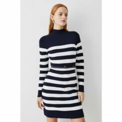 Promo ✨ KarenMillen Stripe Rib Knit Belted Mini 👗 Dress For Female 🔔